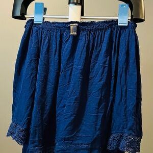 Elegant Blue Lace Trim Off the Shoulder Blouse